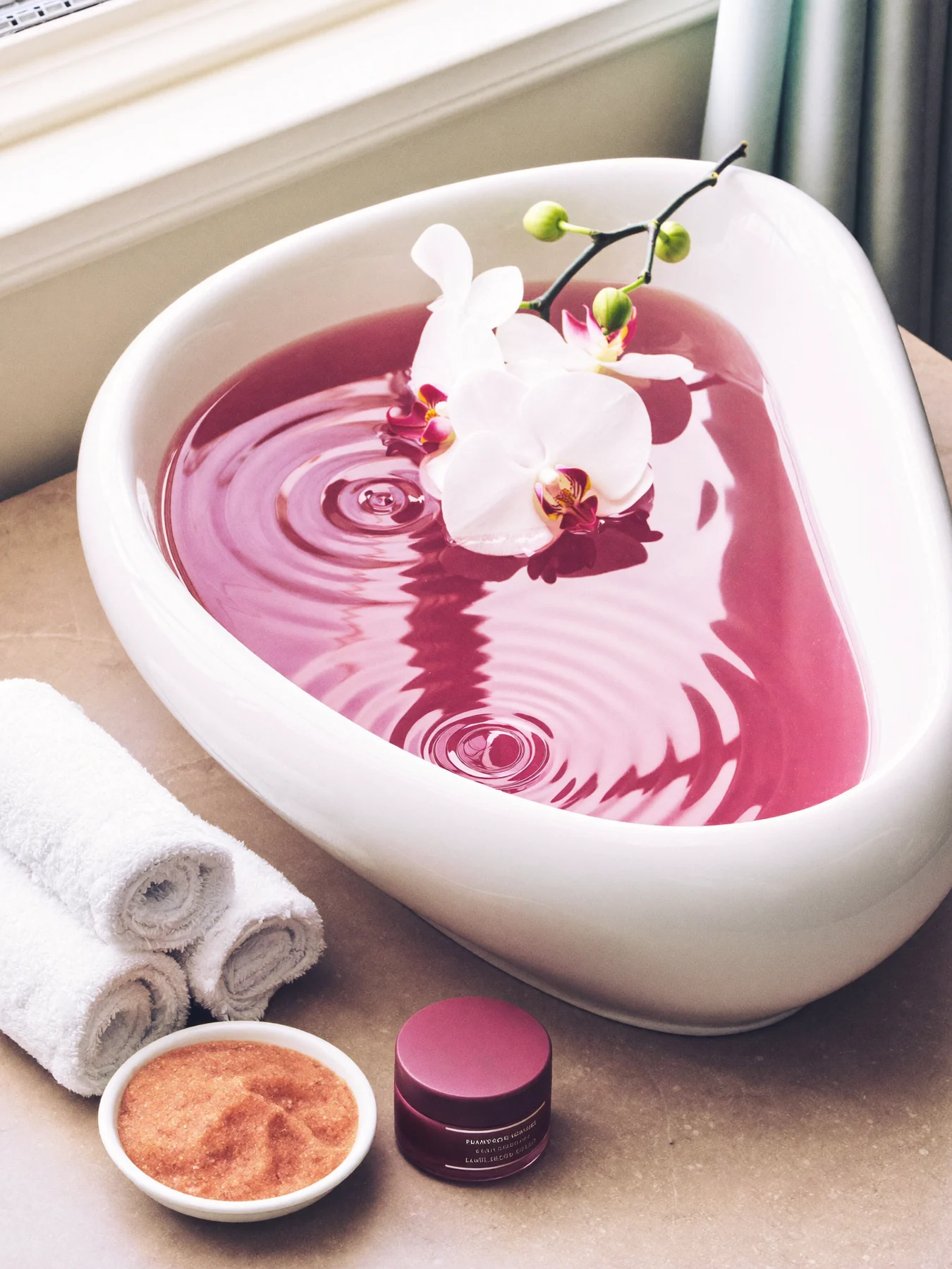 White orchid, a porcelain soaking bowl and soft spa towels